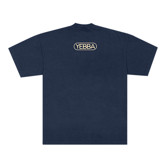 Navy blue t-shirt with 'YEBBA' logo on the back