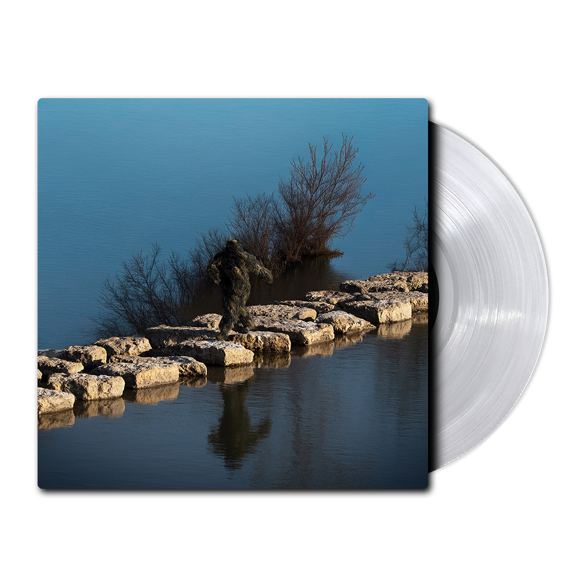 Vinyl Record with a nature-themed design of a Sasquatch waking on rocks in between a lake on a blue background with a silver vinyl coming out of the packet.