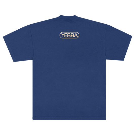 Blue t-shirt with 'YEBBA' logo on the back.